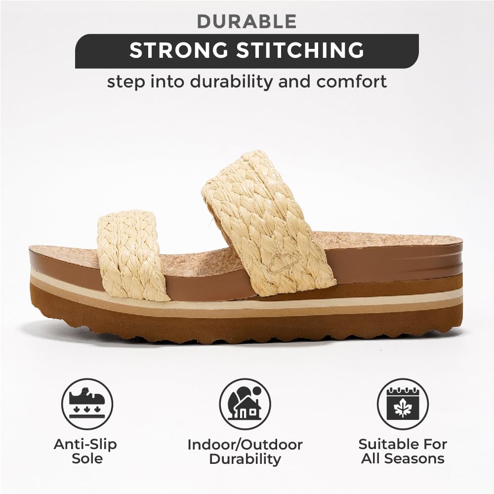 Riptide vegan wedge sandals with raffia straps, durable, non-slip, suitable for all seasons.