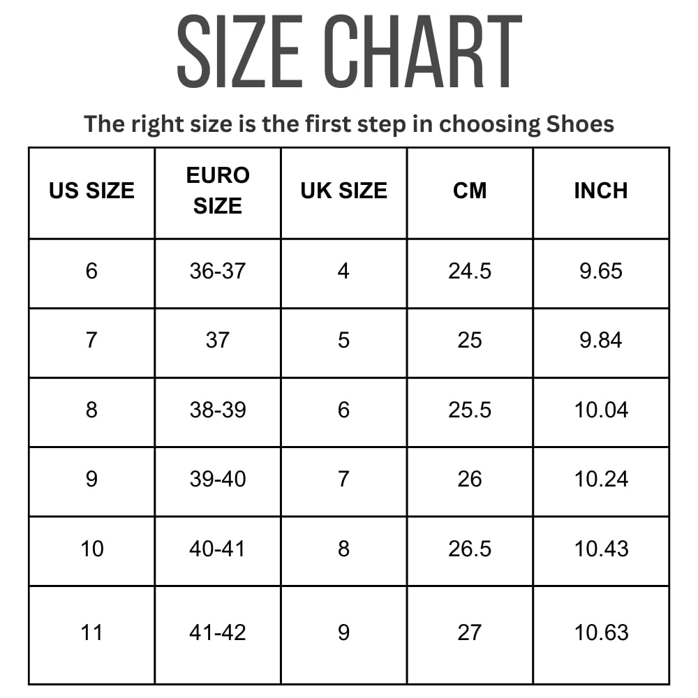 Women's shoe size chart for Rose slip-on sneakers, including US, Euro, UK, CM, and inch sizes.