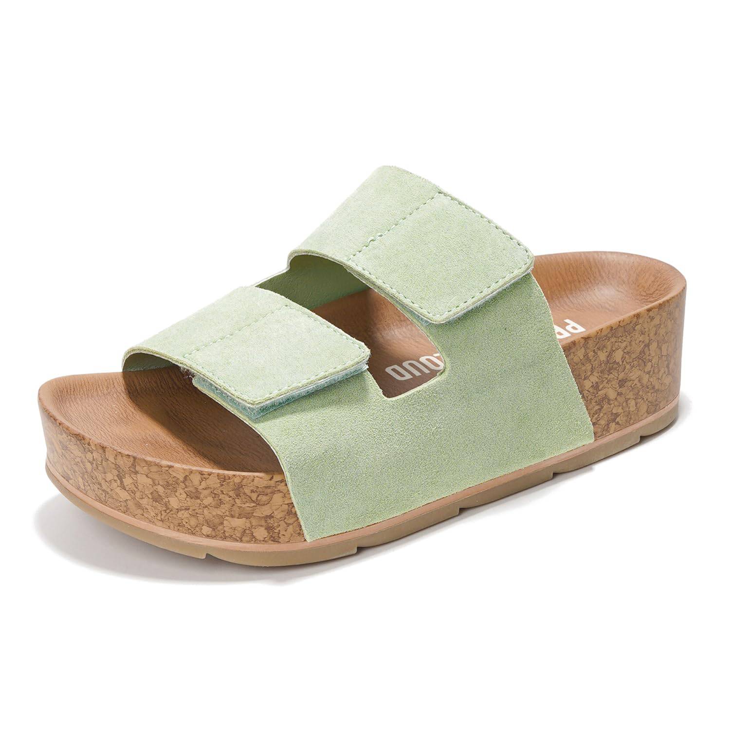 Project Cloud Pismo Platform Sandals in Light Green: Genuine leather, cork wedge, memory foam insole, non-slip sole.
