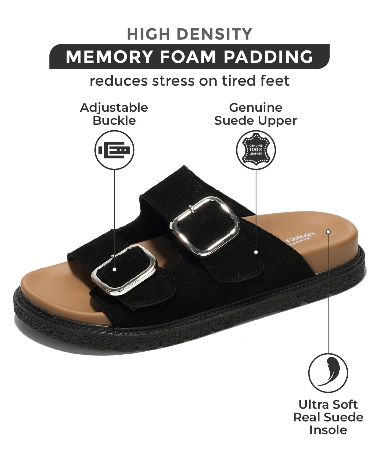 Sharl slides for women: Black suede upper, memory foam, adjustable buckle, real suede insole, and a non-slip sole.