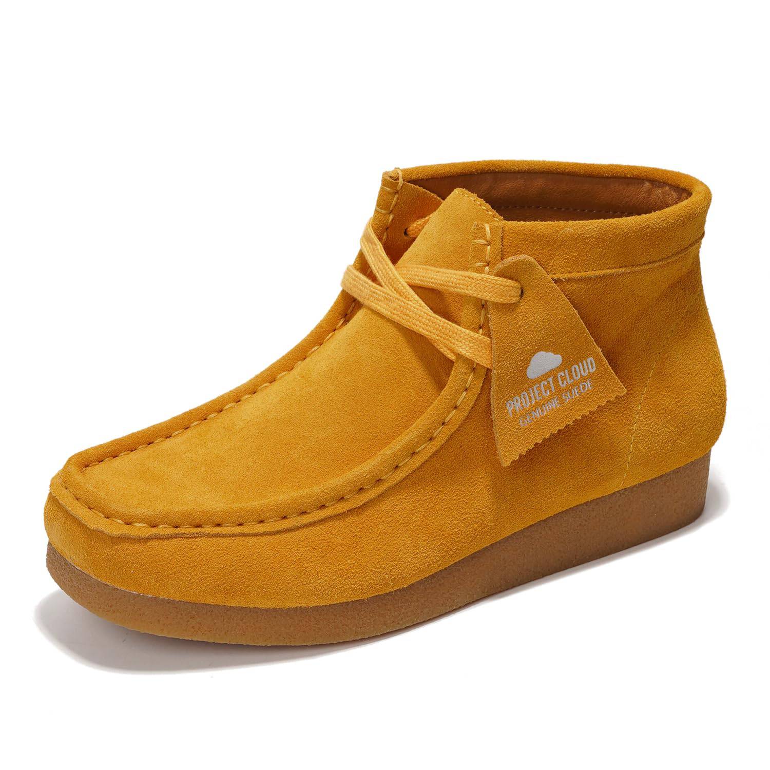 Project Cloud Wally Boot in mustard suede. Women's ankle boot with memory foam and non-slip sole. Featuring genuine suede.