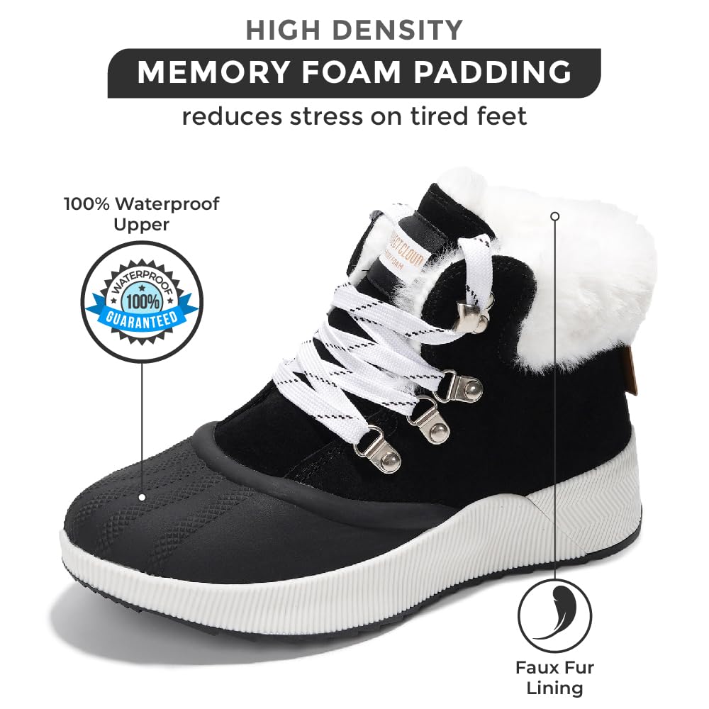 Project Cloud Terina Boots: Black waterproof women's boots with memory foam, faux fur lining, and white laces.