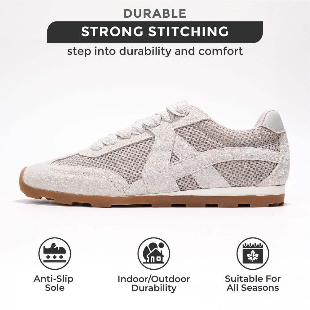Project Cloud "Tiger" taupe sneakers: suede mesh upper, strong stitching, anti-slip sole, durable all-season wear.