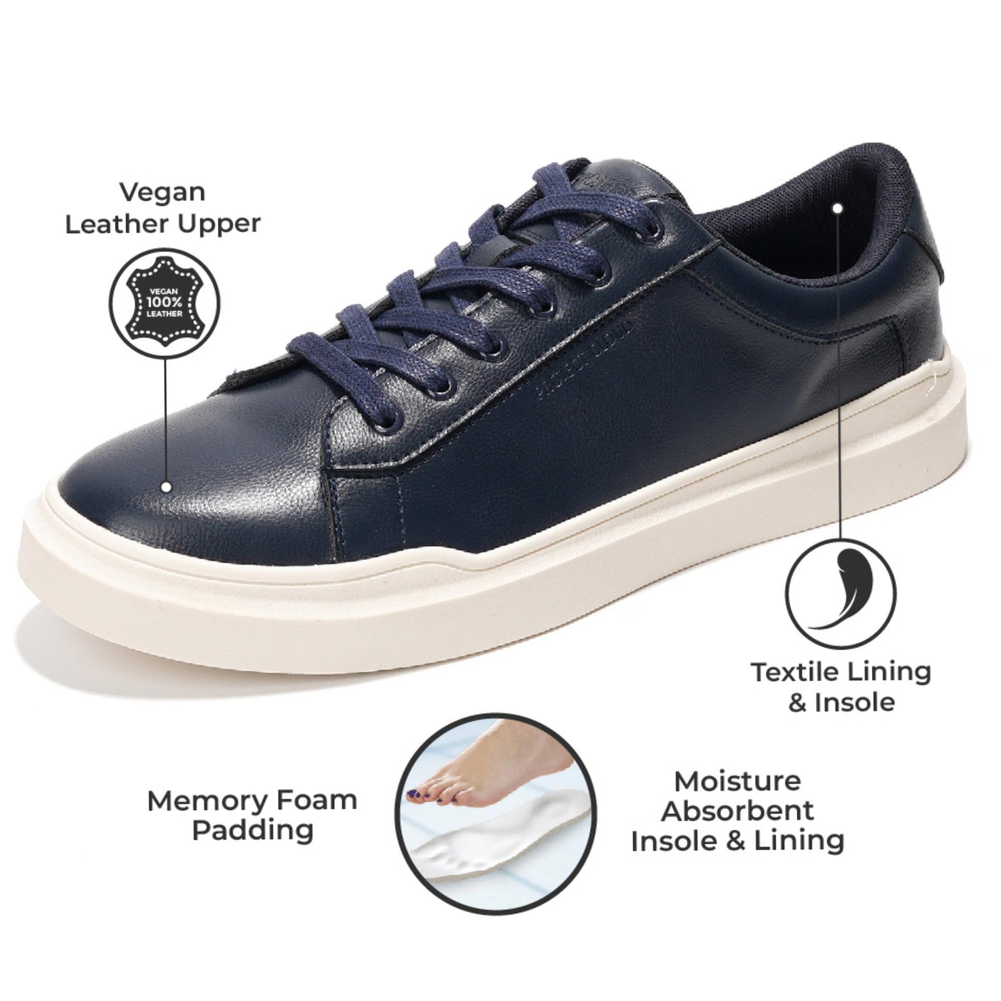Project Cloud Tilton navy vegan leather sneakers: memory foam, moisture-wicking insole, textile lining, and non-slip design.