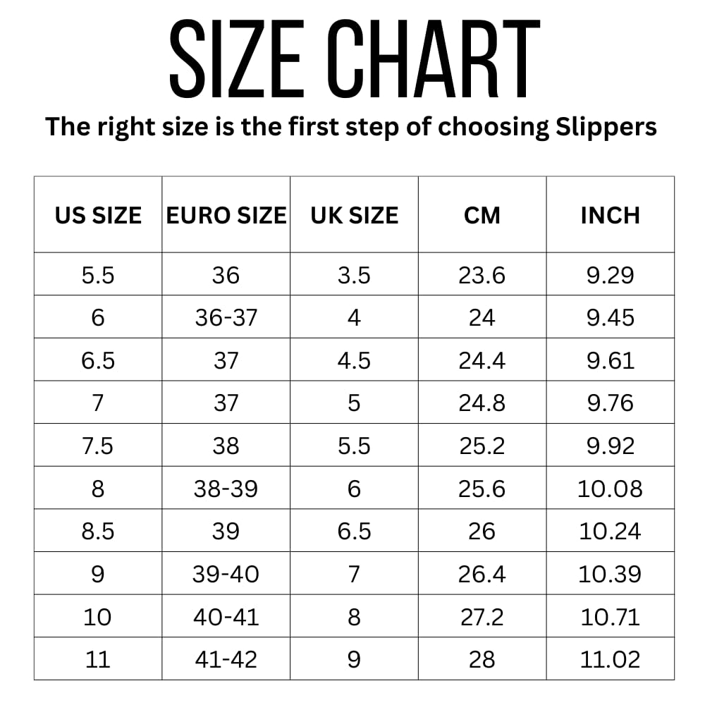 Viki Slipper Size Chart: US, Euro, and UK sizes with corresponding CM and inch measurements for women's platform slippers.