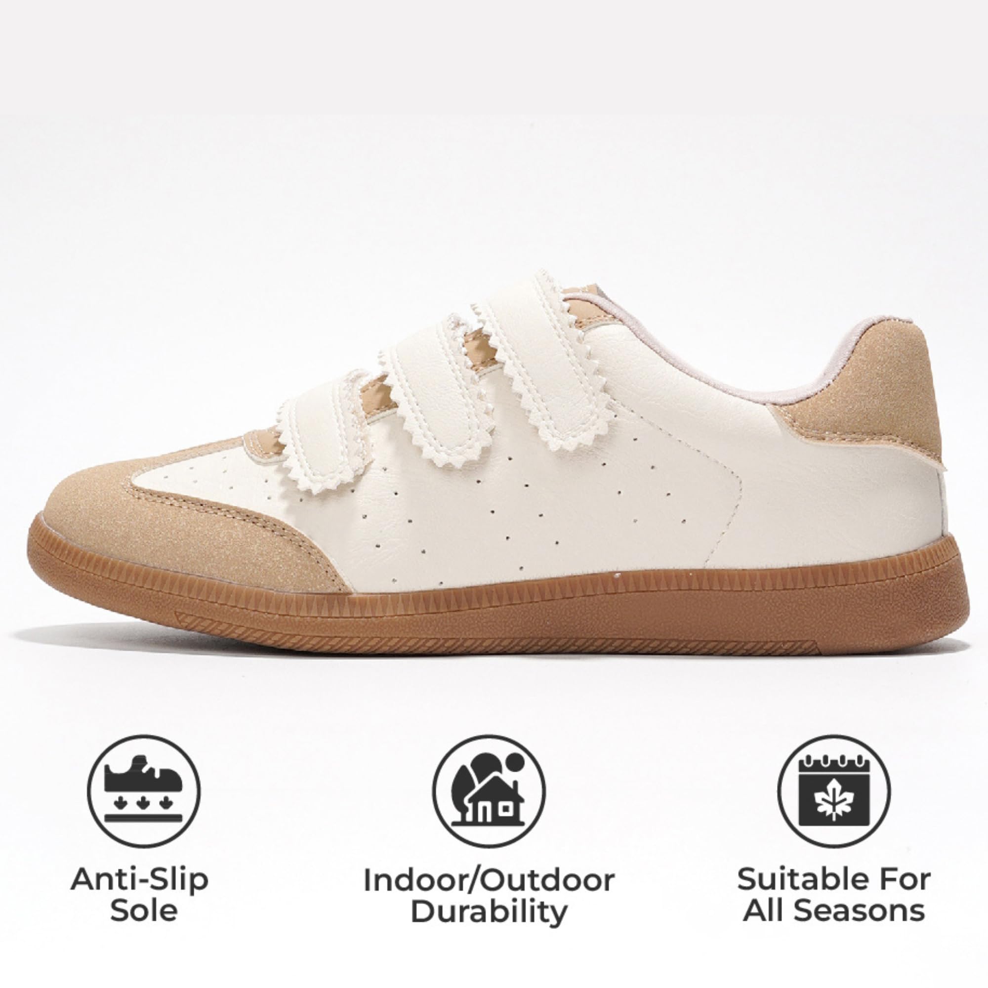 Project Cloud Ysabelle vegan leather sneakers in cream and beige, with anti-slip sole, suitable for all seasons.